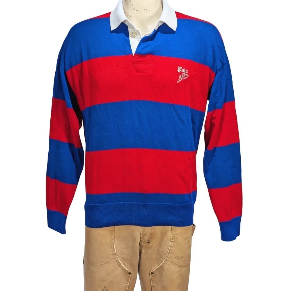 Polo Ralph Lauren Men's Cotton Striped Rugby Shirt Sweater P Wing Logo Sz L EUC